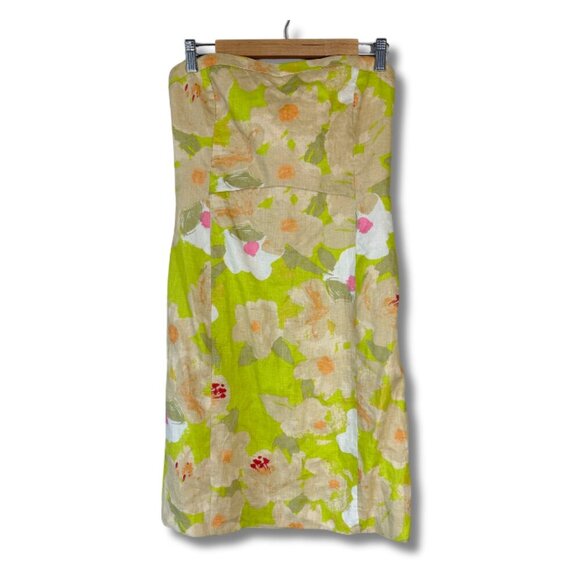 J. Crew Linen Cocktail Dress Strapless Floral Lime Green Pink White Women's 4